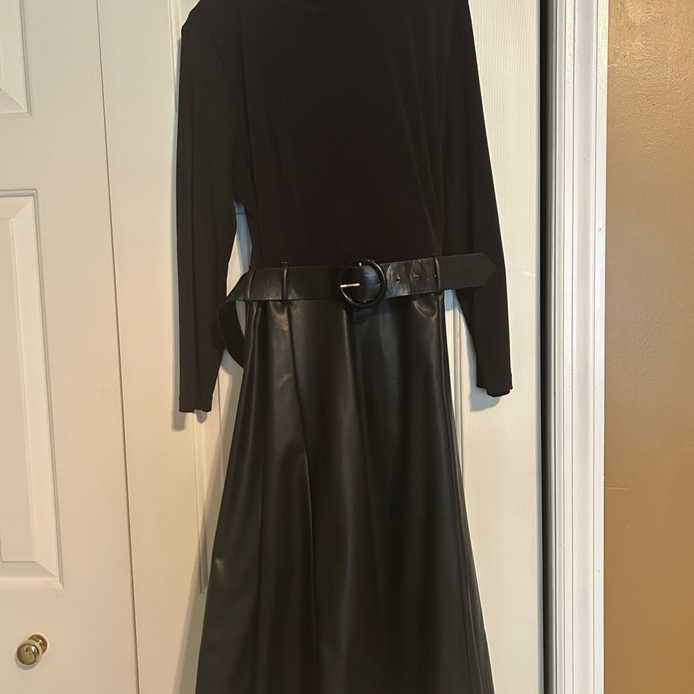 Calvin Klein Black Long Sleeve Dress with Faux Leather Skirt and Belt